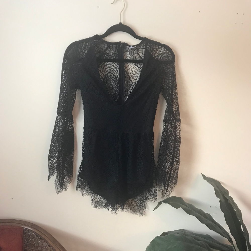 Festival Deep Plunge Black Lace Romper
